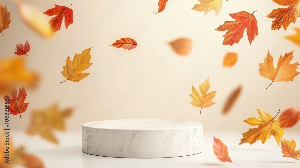 Poster autumn display podium decoration background with autumn leaves and empty minimal podium pedestal pro