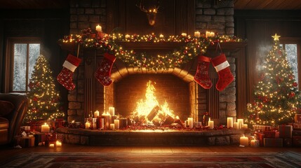 Obraz premium Christmas-themed fireplace scene with stockings, garlands, candles, and a roaring fire, in a cozy living room. 4K hyperrealistic photo.
