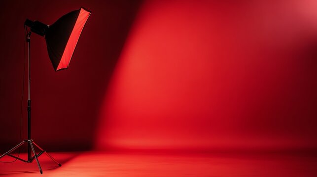 A red backdrop and a single light on a tripod in a photography studio.