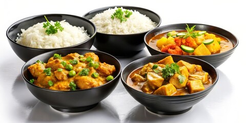 Delicious Curry with White Rice in Black Bowls, Indian, curry, cuisine