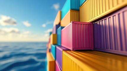 Obraz premium Colorful shipping containers stacked by the ocean under a clear blue sky, AI