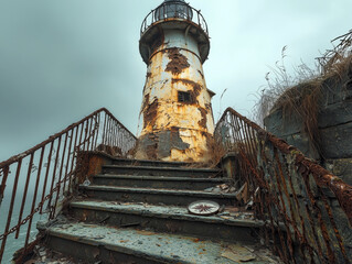 Abandoned lighthouse with cracked walls and broken windows