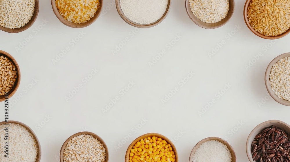 Poster a decorative display features various grains like oats, rice, and corn arranged in stylish bowls aga