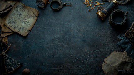 Flat lay of pirate-themed items on a textured, aged background with a grunge aesthetic