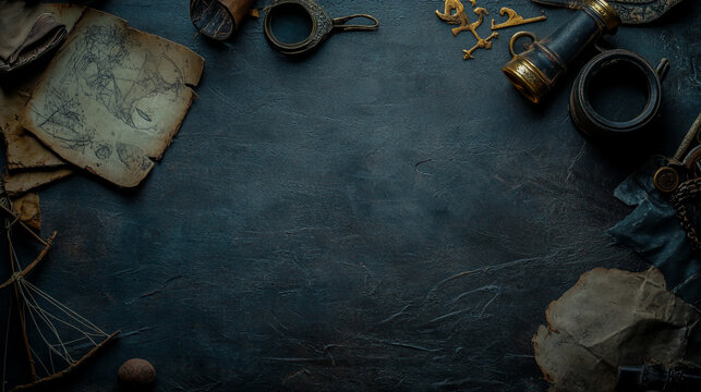 Flat lay of pirate-themed items on a textured, aged background with a grunge aesthetic - Powered by Adobe