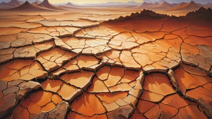 A vast expanse of cracked, dry earth under a warm sunset. This image captures the stark beauty of a parched landscape, symbolizing drought and climate change