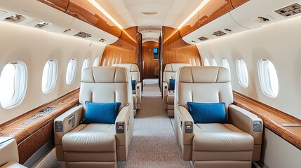 Naklejka premium Empty rows of white leather airplane seats with overhead compartments.