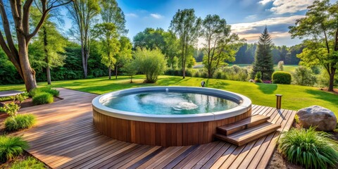 Luxury Wooden Hot Tub on a Deck in a Beautiful Green Garden, Hot Tub, Garden, Landscape