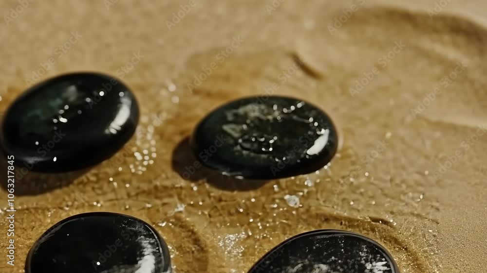 Poster smooth black stones rest in a basin of water, creating ripples in the calm surface