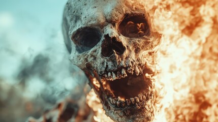 A close-up view of a skull surrounded by a fierce blaze, highlighting the intense energy and destructive power of the flames as they engulf the face.