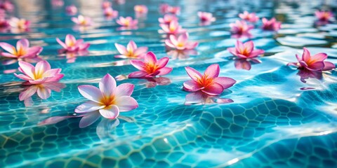 Pink Plumeria Flowers Floating on Blue Water in a Swimming Pool, Photography, Close-up, Water,...