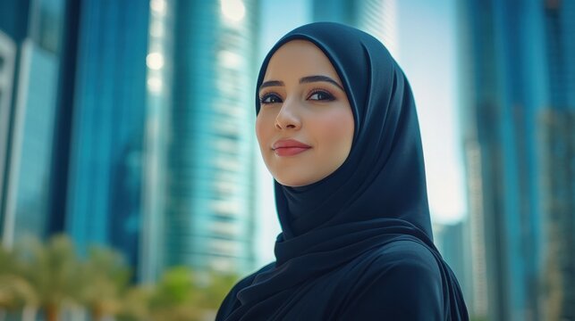 Arabian woman in traditional hijab clothes living in big city having modern life sports job leisure