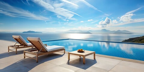 Fototapeta premium Relaxing Poolside View with Mountain Landscape, Pool, Loungers, and Table, luxury ,vacation ,getaway