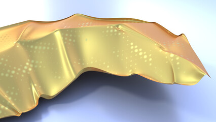 3D abstraction of golden leaves on bright blue background. Abstract graphic art or background. 3D rendering