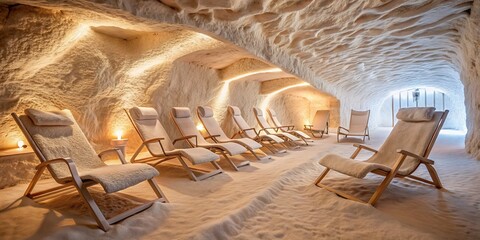 Salt Cave Relaxation Room with Plush Loungers, White Cushions, Warm Lighting, Salt Therapy ,Salt Cave , Relaxation