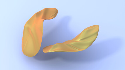 3D abstraction of golden leaves on bright blue background. Abstract graphic art or background. 3D rendering