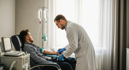 Fototapeta premium Professional medical care: doctor administering iv therapy in hospital setting