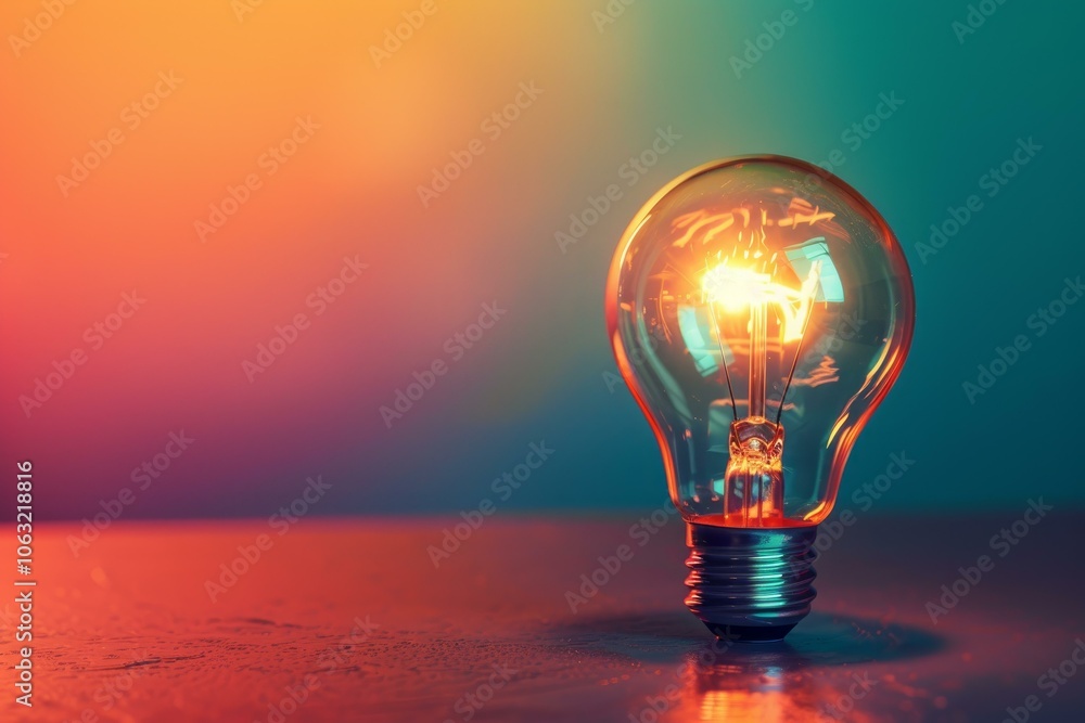 Poster brightly lit light bulb is standing on a table and illuminating a gradient background
