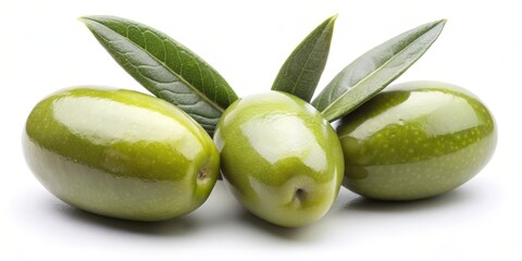 Obraz premium Three Green Olives with Leaves, Close-up, White Background, Still Life, Olives, Food, Nature