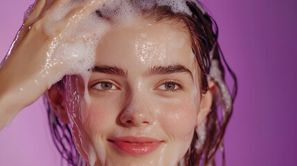 Obraz premium Beautiful young woman washing her hair with shampoo on purple background, closeup****