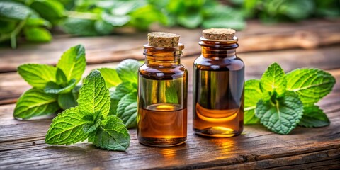 Two Bottles of Peppermint Essential Oil on Wooden Surface, Glass Bottles, Green Leaves, Aromatherapy, Freshness, Natural, Essential oil