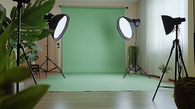 A photography studio with two lights and a green backdrop.