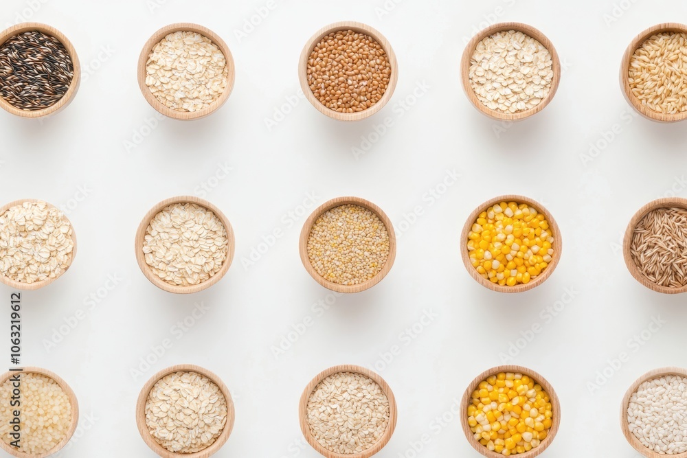 Poster different types of grains are beautifully arranged in stylish bowls on a clean white surface, showca