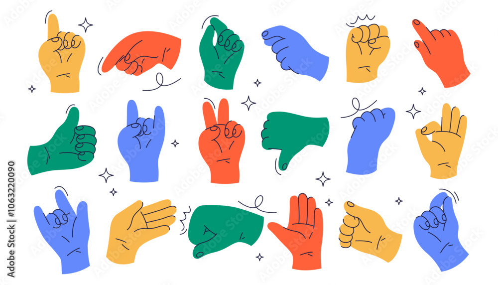 Poster gestures and hands showing non verbal elements of communication. vector isolated open palm and rebel