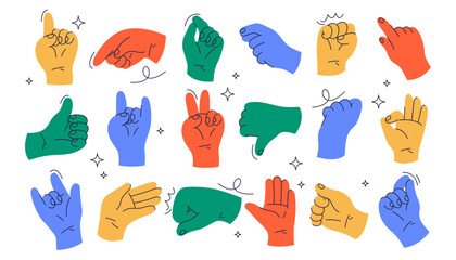 Gestures and hands showing non verbal elements of communication. Vector isolated open palm and rebellion symbols with doodles. Thumb up and down, rock and roll and okay, peace and first up