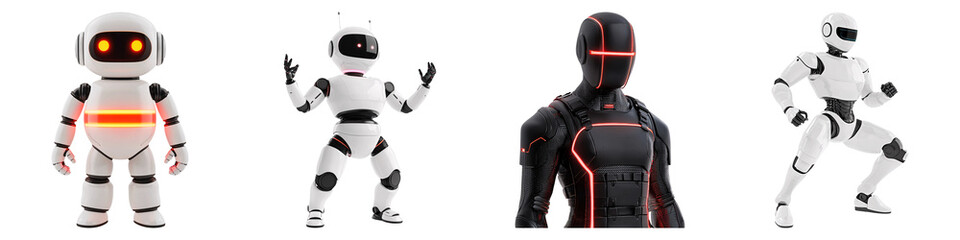 A group of futuristic robots showcasing different designs and features against a black background, highlighting the diversity in robot aesthetics.