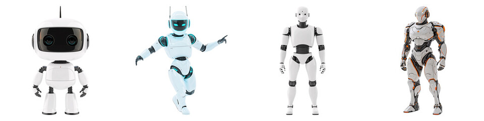 Fototapeta premium Four distinct humanoid robots displayed against on transparent background., showcasing varying designs and features in a futuristic aesthetic.