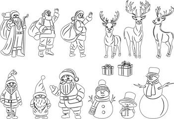set of santa, snowmen, deer sketch, outline on white background, vector