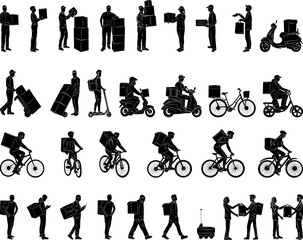 set of couriers, delivery silhouette on white background, vector