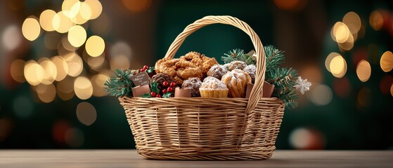 A festive wicker basket filled with assorted baked goods and seasonal decorations, set against a softly glowing background.