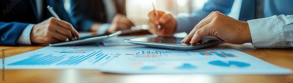 Aufkleber collaborative meeting with professionals analyzing financial data and charts on a digital tablet and