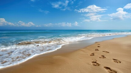 Fototapeta premium Fresh footprints in the sand leading to the ocean, symbolizing a new path