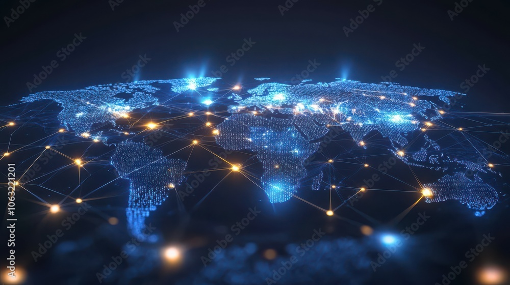 Aufkleber global digital network map with illuminated data points connecting major cities and regions, depicti