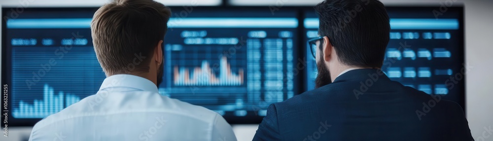 Poster two professionals analyze data on large screens, showcasing graphs and statistics in a modern worksp