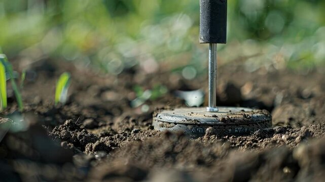A closeup of a soil compaction test being conducted with a weight being dropped onto the ground to measure its compactness.