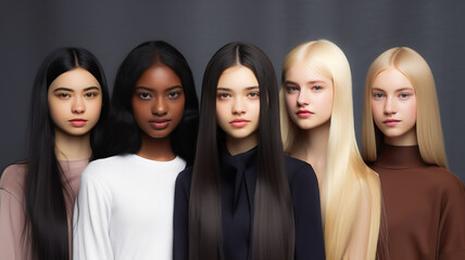 Obraz premium Five women in high-neck shirts, diverse in skin tones and hair colors, against a dark gray background.