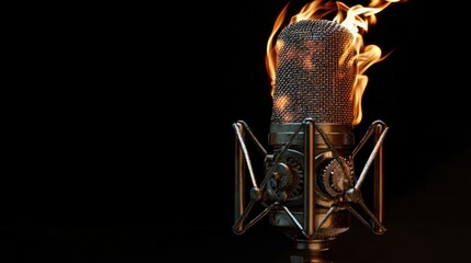 Burning microphone against a pure black background