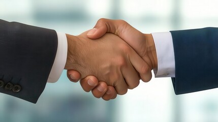 Obraz premium Two hands in a firm handshake symbolize agreement, partnership, and mutual respect in a professional setting.