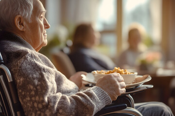 Close-up of a man in a wheelchair. Hands holding a dish or participating in a family meal. The family members are dining. Blurred Background