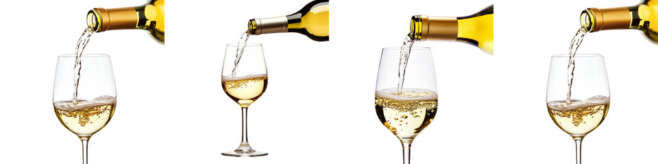 set of A White wine pouring from a bottle into a glass, on a transparent background