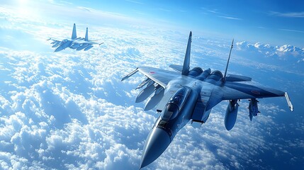 Fototapeta premium Two fighter jets fly in formation above the clouds.