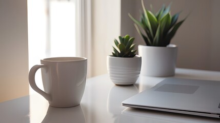 A minimalist workspace with a laptop, coffee mug, and a small plant, set on a clean white desk with soft natural lighting 