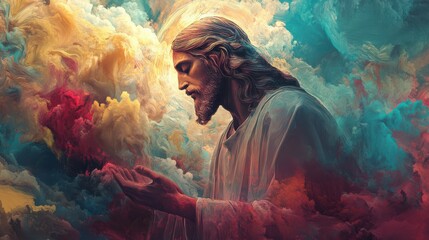 Obraz premium god religious spiritual illustration gospel grace blessed background faith art prayer christianity digital artwork easter jesus christ god holy saint saviour disciple christian generative ai art