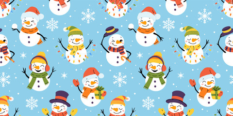 Seamless pattern with Christmas vector cute snowmen in different hats and scarves. New year illustration.
