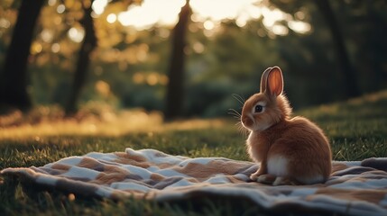 A Fluffy Easter Bunny Sitting On A Picnic Blanket, Easter Holiday Season Concept