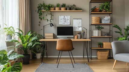 A minimalist home office with a large desk, a comfortable chair, and a large window overlooking a garden.